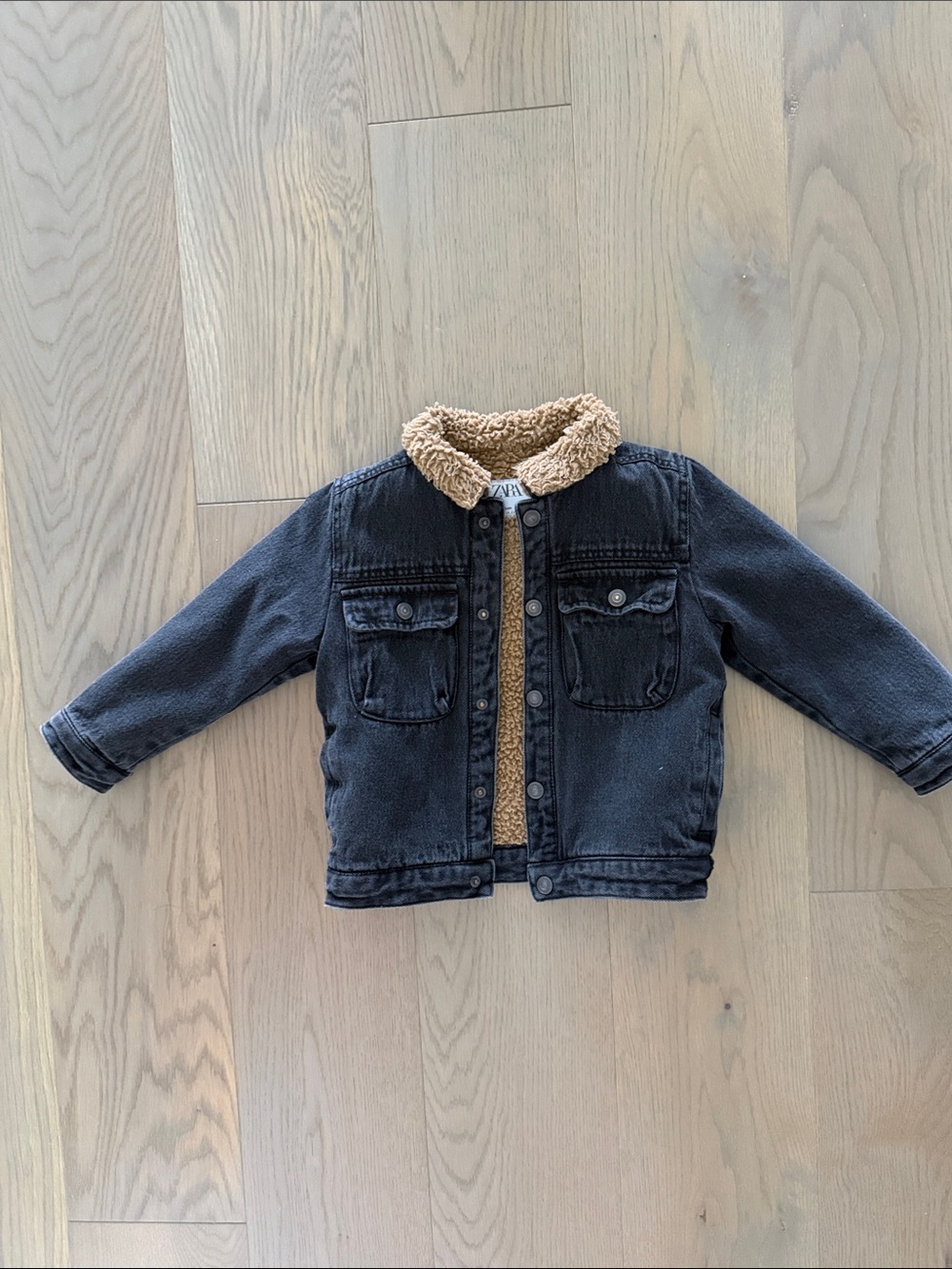 Zara Boys Black Denim Jacket with Tan Sherpa Collar